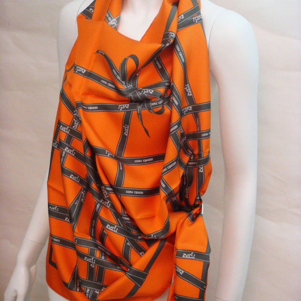 Hermes orange silk ribbon scarf by Jean Louis Dumas